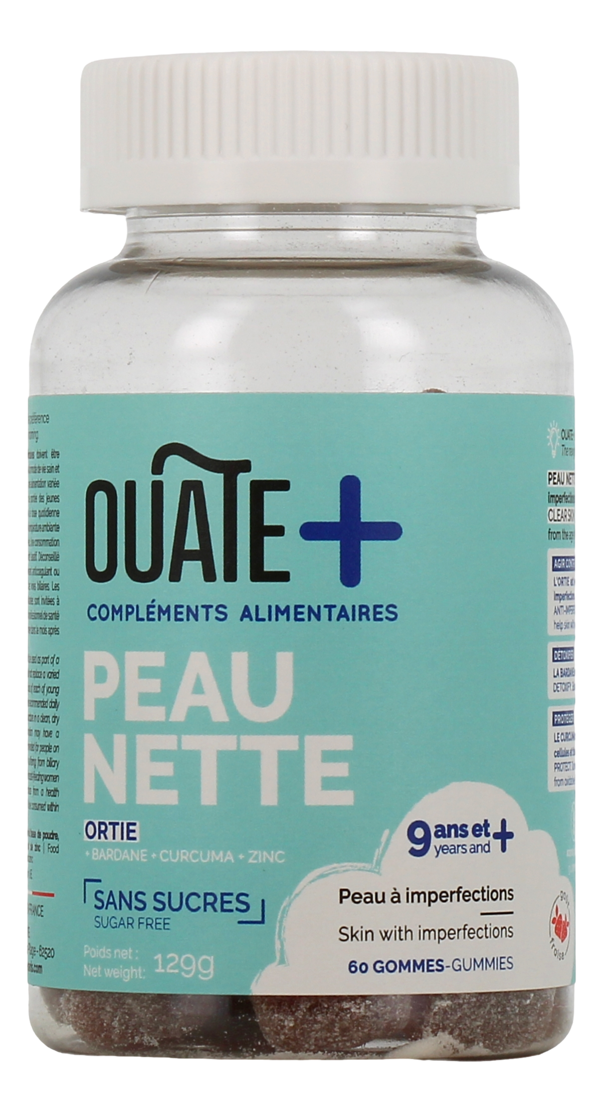 Ouate+ Peau Nette Gummies Le complément alimentaire Ouate+ Peau Nette est destiné aux peaux à imperfections et peut être utilisé à partir de 9 ans. Sous forme de gummies, il aide à retrouver une peau nette 60 gommes