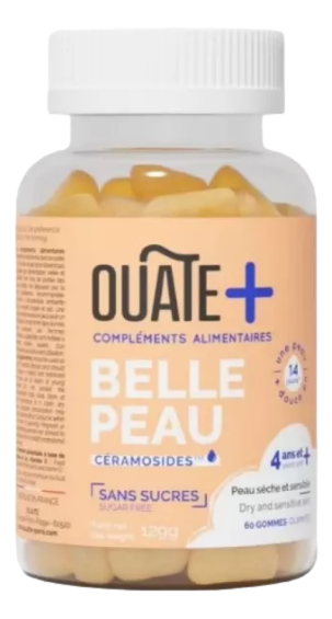 Ouate+ Belle Peau Gummies Sans Sucres  Adieu la peau sèche ! Découvrez Belle peau avec sa formule naturelle, utilisable dès 4 ans, qui promet des résultats en seulement 14 jours d’utilisation 60 gommes